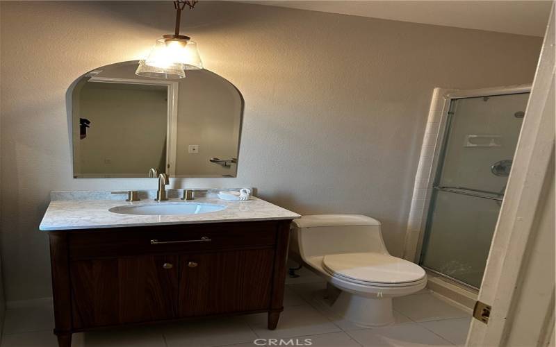 New walnut vanity in main bathroom