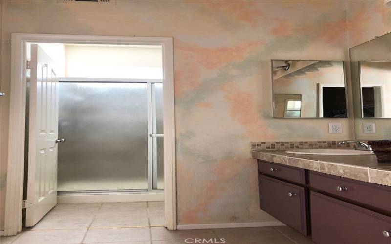 master bathroom double vanity and walk in shower