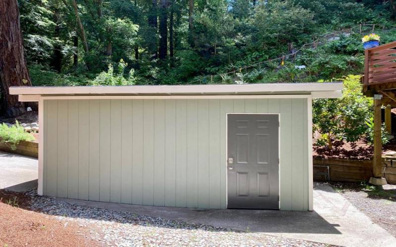 large storage shed also contains water softener