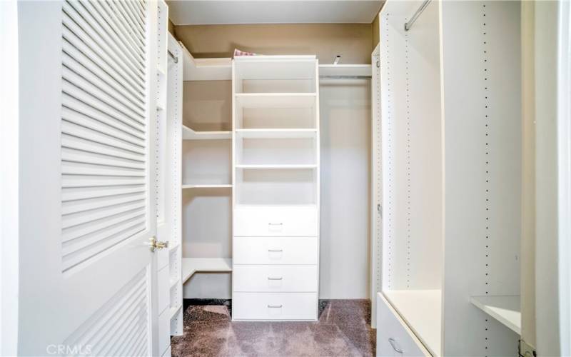 Primary suite with its walk in closet, built in storage and ample space