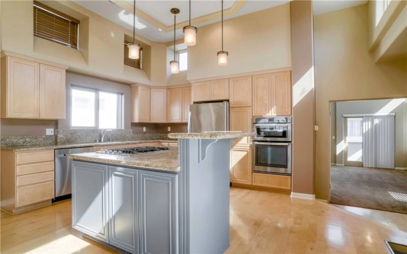 Entertainer's kitchen with center island with countertop seating, granite counters, ample cabinetry, stainless appliances, soraring ceilings, hardwood floors and more.