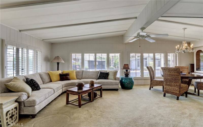 Vaulted ceilings and plantation shutters.