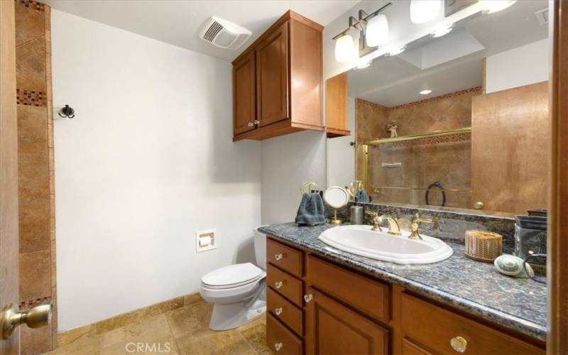 Primary Home - Hallway Bathroom features a cast iron bathtub, tiled shower with glass enclosure and skylight