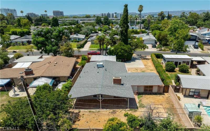 Overhead front & back yards with Warner Center in the distance.