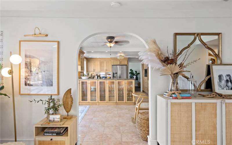 The view of the kitchen from the family room.