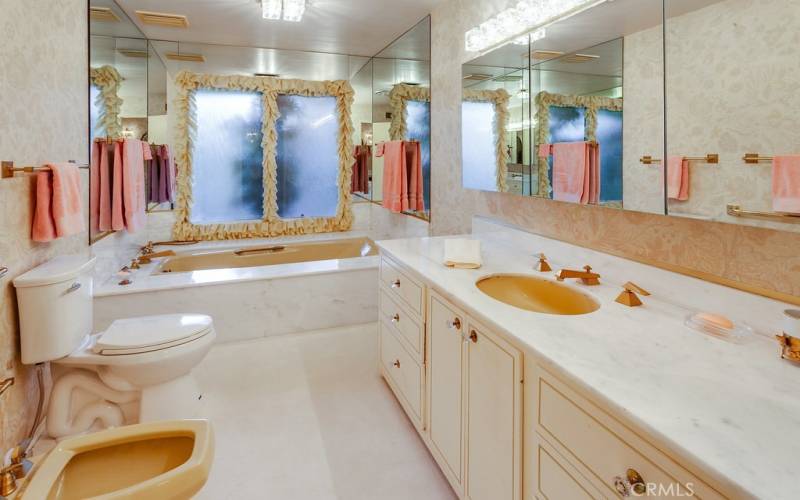 Separate privacy room with marble crowned vanity, undermount basin, large dressing mirror with sundry/medicine storage, custom Hollywood style lighting, soaking tub with marble surround, commode and bidet.