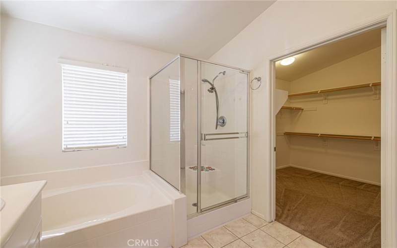 Separate tub and shower, walk in closet