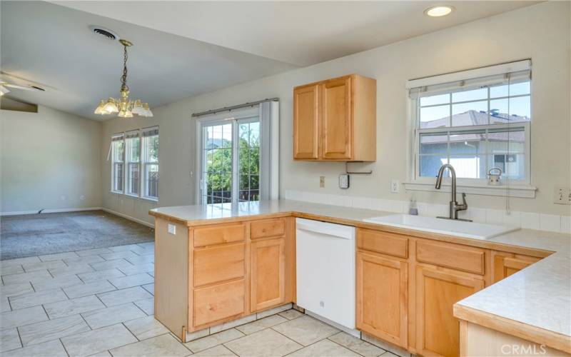 Kitchen dining area looks to backyard