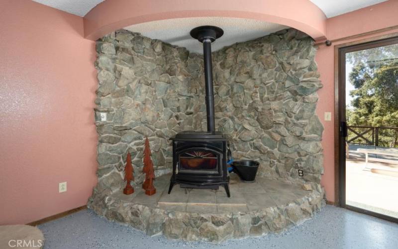 Pellet stove on custom rock hearth