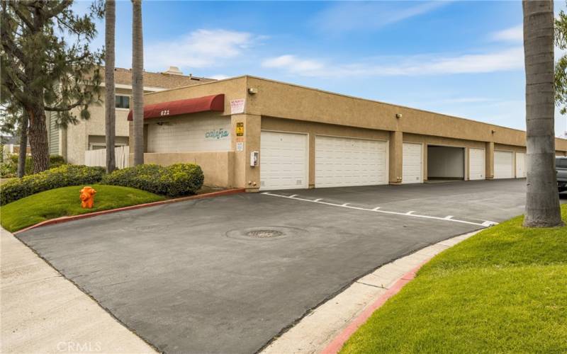 View of garages.  Some occupants only have 1 car garage while unit #3 has two.