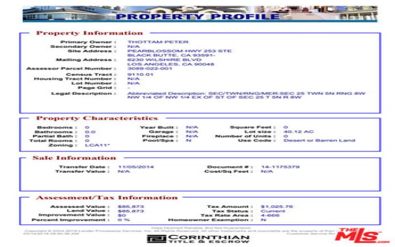 PROP PROFILE - APN 3089022001  40.12 acres 1.747627 million sqft. Property Profile Excerpt