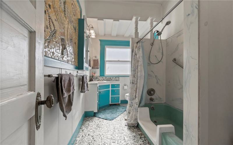 Bathroom showcasing Mosaic Art Mural on Wall and Tiled Floor