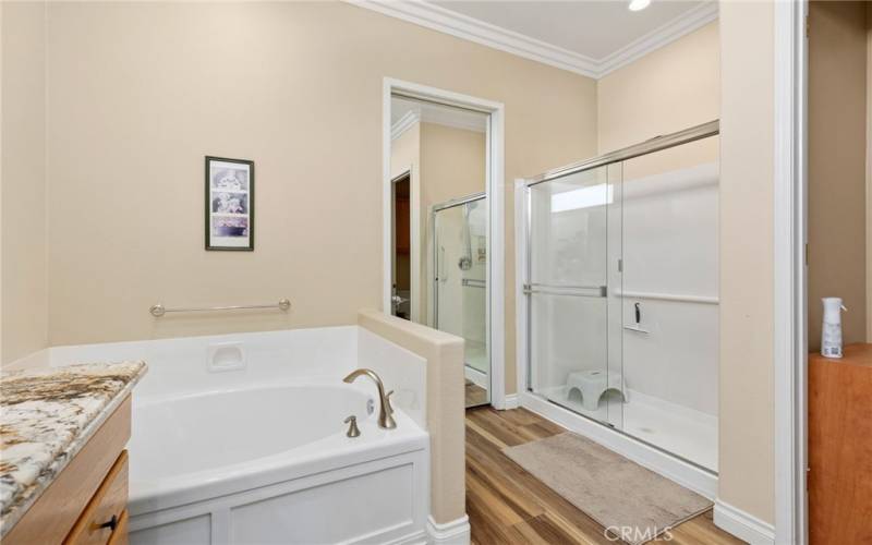 Master Bathroom that includes a separate toilet room with privacy door, step in shower and soaking tub.