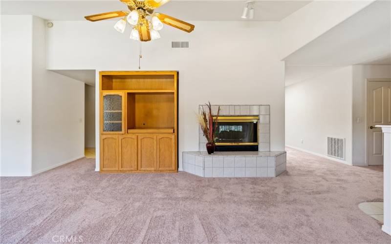 Built in shelf and see through fireplace in living area