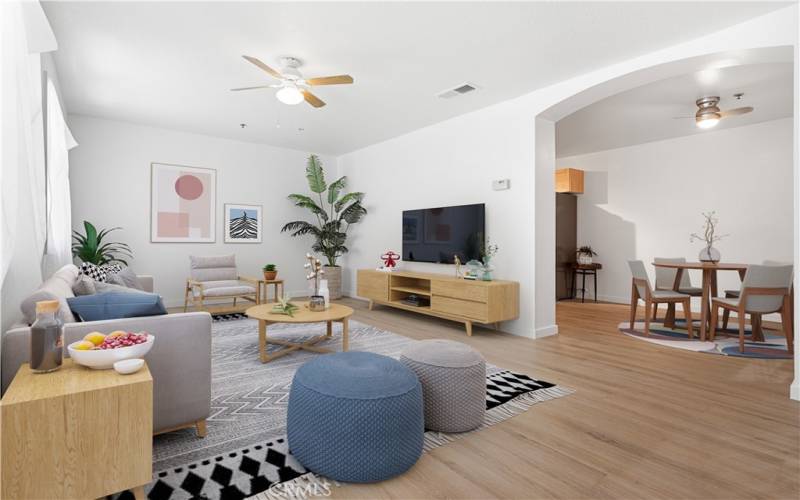 Virtually staged living room and dining area