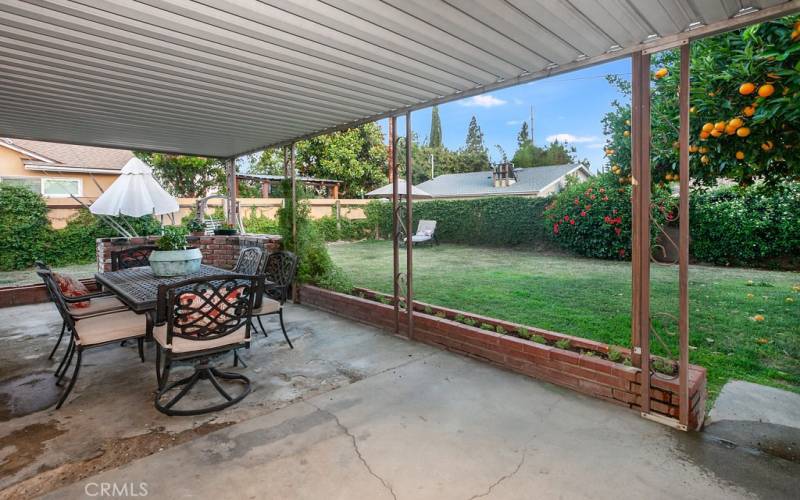 The private backyard will be a favorite entertainment destination with its large covered patio, sprawling green lawn, mature shade/citrus tree and generous side yard that is perfect for a garden or dog run.