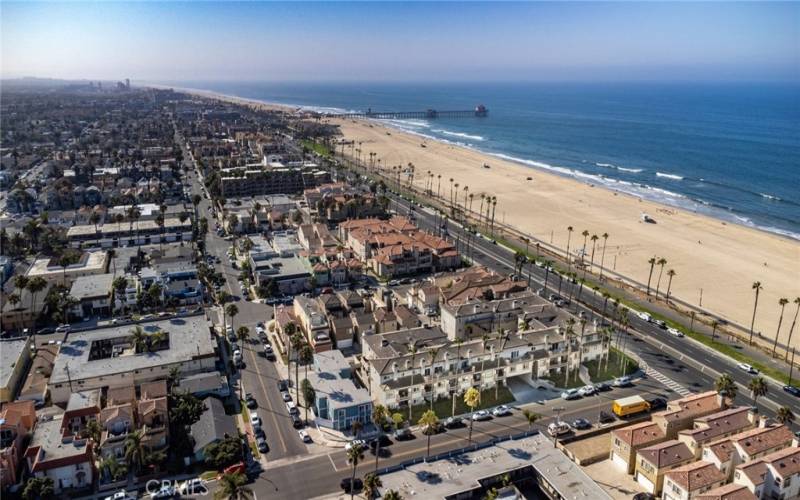 Arial view of community towards World Famous Huntington Beach Pier.