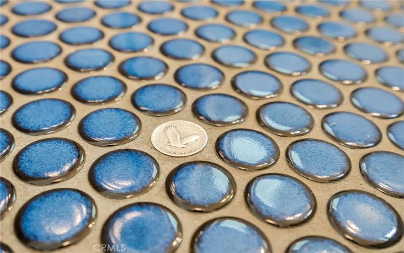 Custom tile flooring with original 1918 (same year as home) Standing Liberty quarter dollars sprinkled throughout.