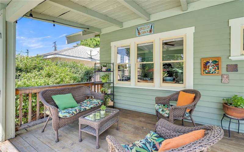 Covered back patio with skylight overlooking the heated and replastered pool & spa.