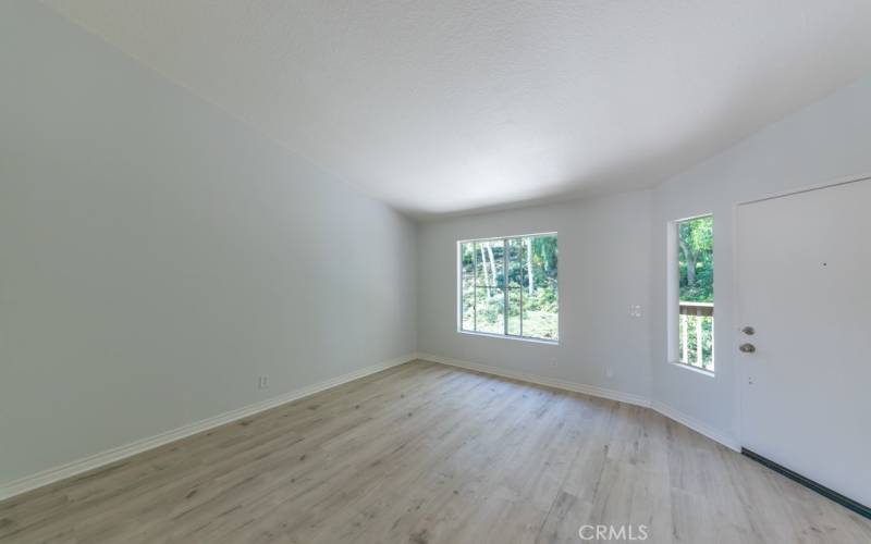 Living room, high ceilings greenbelt view