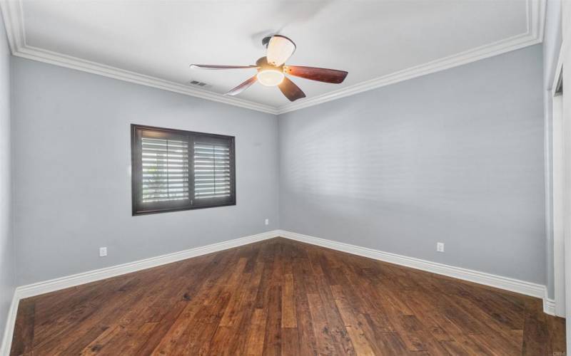 Beautiful downstairs Bedroom with Ceiling Fan and Crown Molding