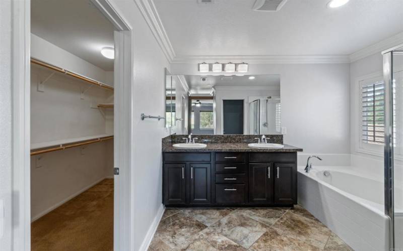 View from the doorway leading into the Master Bathroom; notice the huge walk-in closet to the left