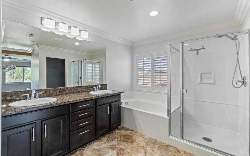 Dual vanity with separate tub and shower; separate toilet room too!