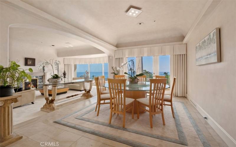 Formal living and elegant dining rooms, featuring great ocean and Catalina Island views, a second patio is accessed from dining room double doors.