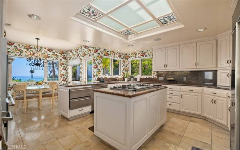 Warm & Charming kitchen with it's own patio and custom made sky-light, another spiral stair-case down to pool area.