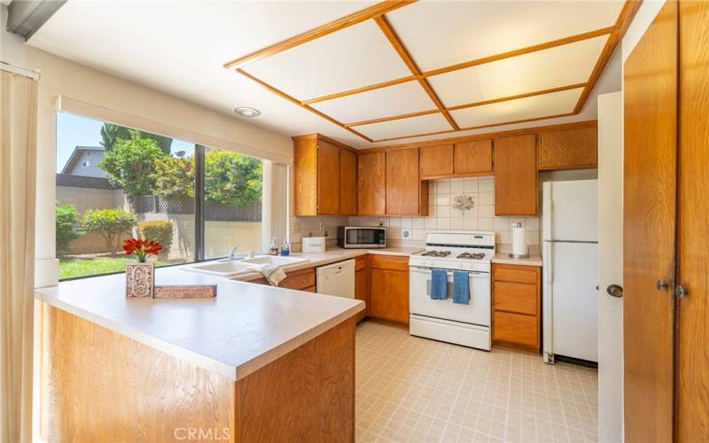 Kitchen and a view of backyard