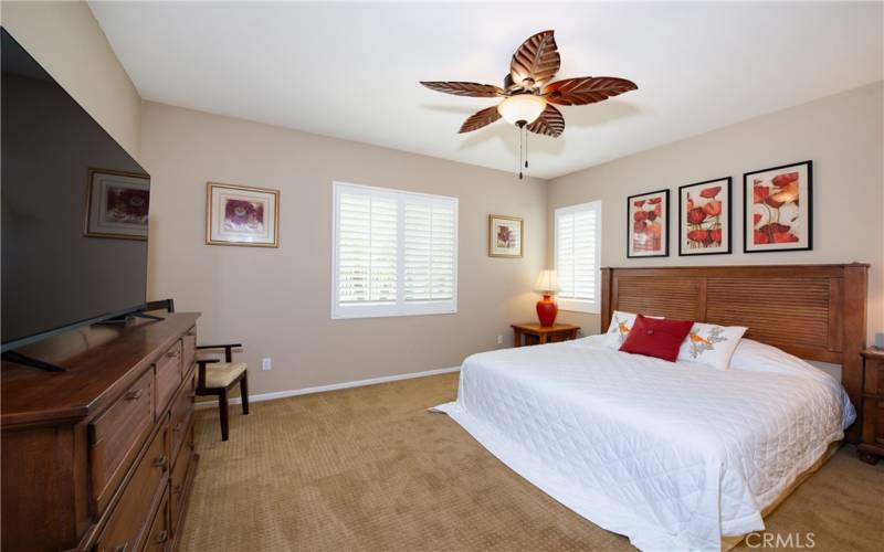 Elegant big view master bedroom with ceiling fan.