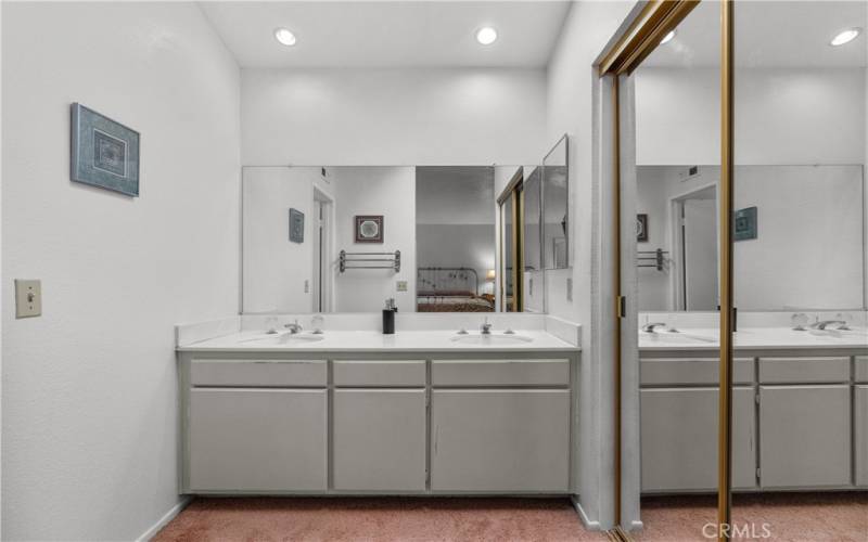 Primary Bath and large Walk in Closet with mirrored wardrobe