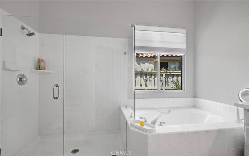 Primary bath with rimless shower door and a soaking tub.