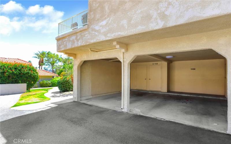 Two covered carports - garage style-  assigned to 72988 Ken Rosewall Ln - one with large storage closet.