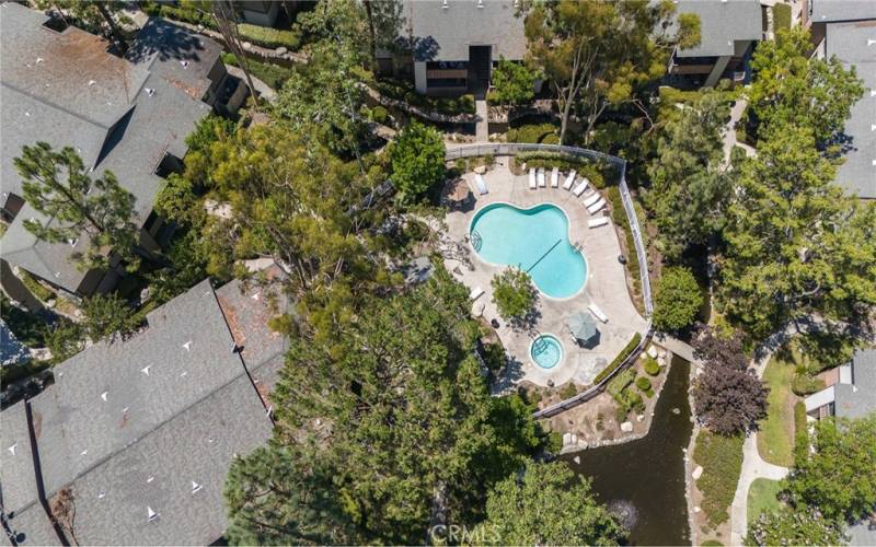 Drone photo of pool area in community.