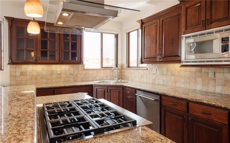 Efficient use of space, corner sink, lots of counter space, 6 burner range, built-in microwave, and pull out pantry cabinet.