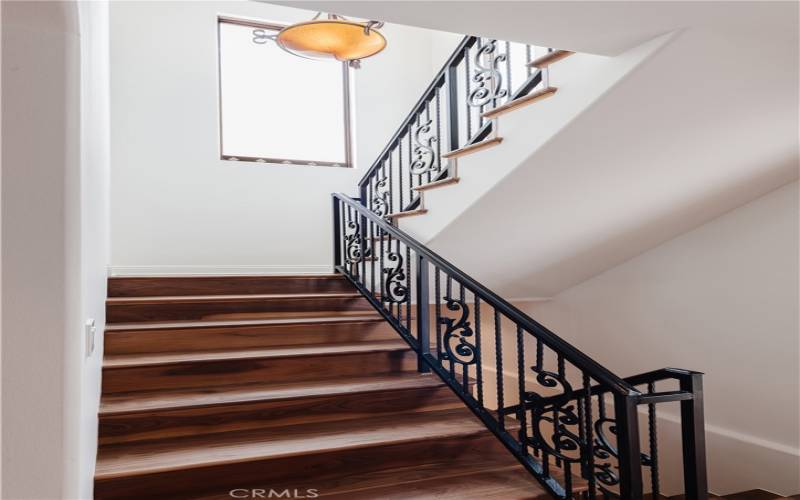 Gorgeous newly refinished hard wood floors up the staircase and living areas.