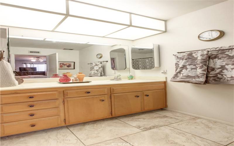 Main bathroom vanity has abundant storage & tub/shower.