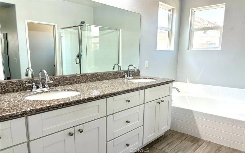 Main bathroom with granite countertop and self-closing cabinets