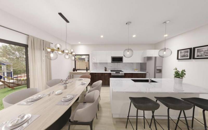 Rendering of kitchen, dining area, shown with upgraded finishes.