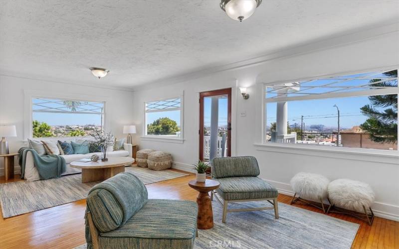 Living room with beautiful view of the port and the Vincent Thomas Bridge