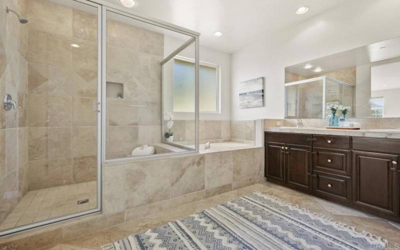 Primary Bathroom with Dual Sinks/Vanity, Walk-In Shower, jetted jacuzzi tub and private water closet