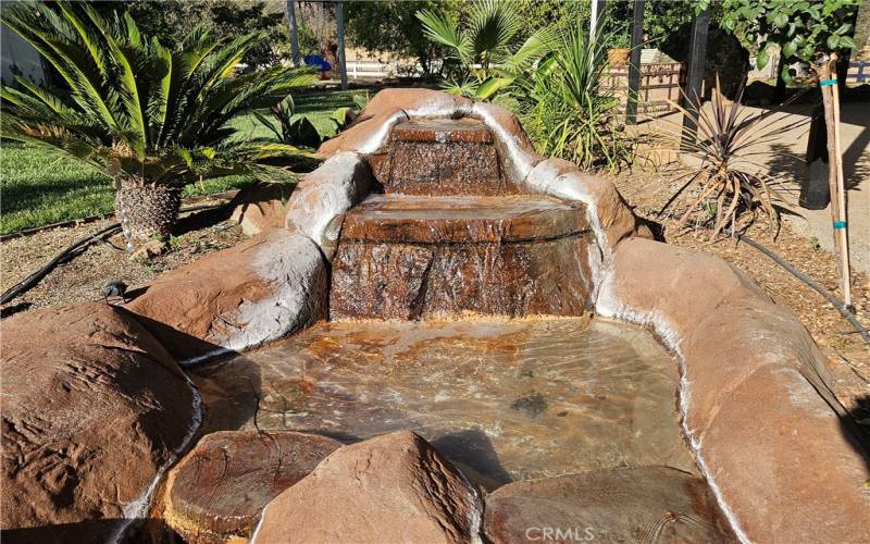 water feature in the front of the main home spans both sides of the front walk