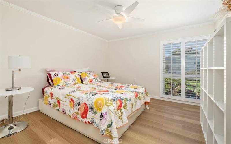 Ceiling fan, double paned window with plantation shutters