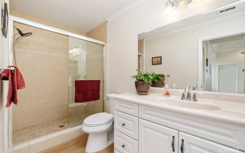 Remodeled walk-in tile shower and vanity