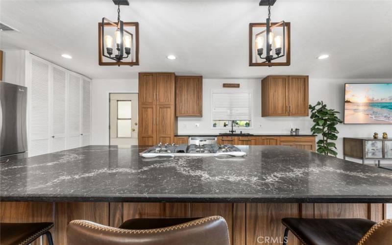 Spacious kitchen island that features built in Jen-Air gas cooktop and Oven. All countertops are made of highly stain resistant Quartzite Natural Stone.