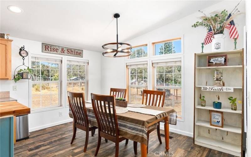 Light and bright with plenty of seating in the dining room