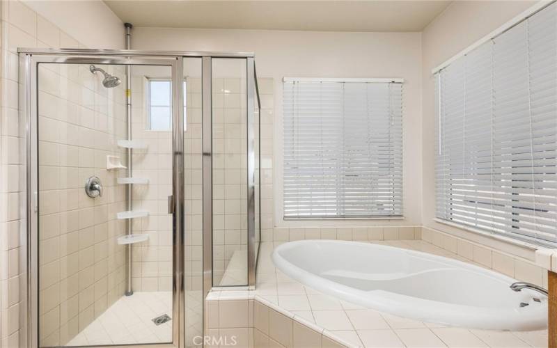 Primary suite has separate tub and shower.