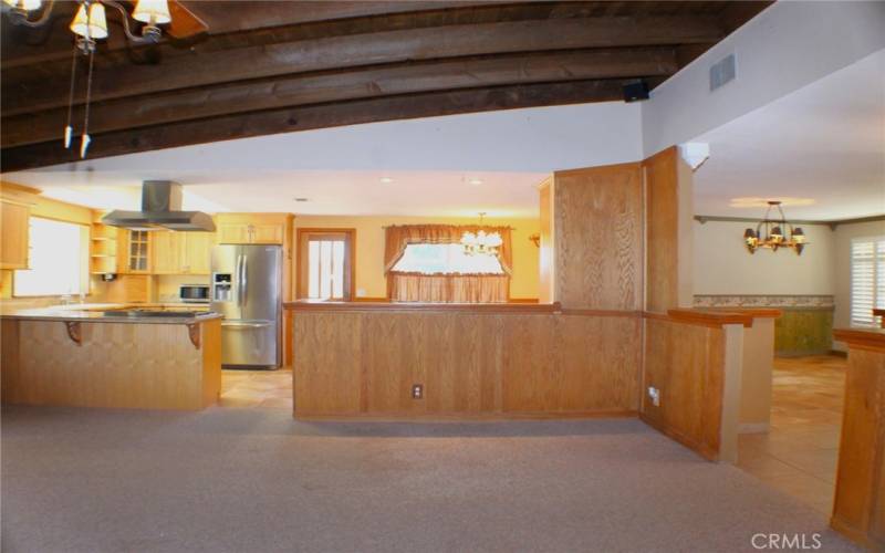 Beautiful Open Beam Ceilings in Family Room.