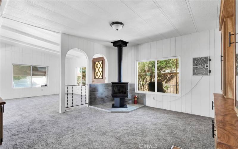 Wood burning stove in dining area